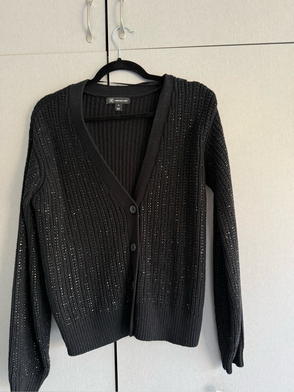 BCBG Black Ribbed V-Neck Cardigan with Subtle Metallic Detail